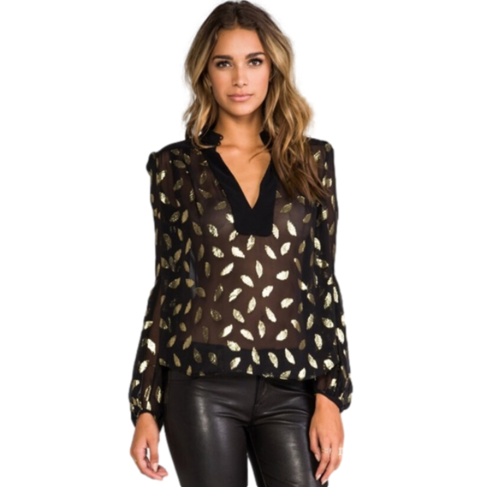 DVF Womens Size 4 Isolde Long Sleeve Jacquard Silk Top Black Gold Metallic